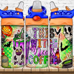 May include: Three colorful reusable water bottles with a Halloween theme. The bottles have a blue lid and a straw. The designs feature a ghost, a skull, and a witch with the text "This Witch Needs Coffee".