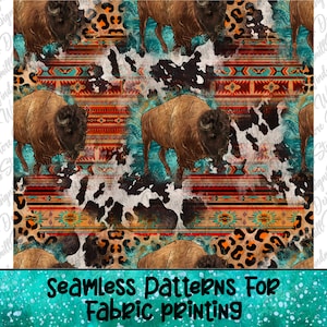 May include: Seamless pattern featuring a repeating design of brown bison, turquoise, red, and orange geometric patterns, and leopard print. The text "Seamless Patterns For Fabric Printing" is at the bottom of the image.