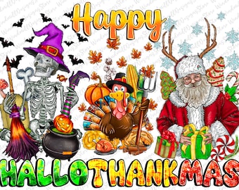 Happy Hallothanksmas skeleton PNG, christmas Thanksgiving  PNG, Halloween png, Christmas PNG,Santa Claus Png,Download, Sublimation Design
