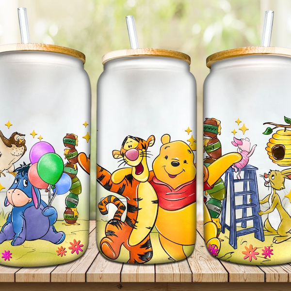 Spring Pooh Tumbler, 16oz Glass Can Wrap, 16oz Libbey, Libbey Can Glass 16oz, Funny Princess Tumble, sublimation png design downloads