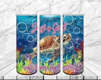 Just a girl who loves turtles - 20 oz Sublimation Tumbler Wrap -PNG Digital File / Sea Turtle sublimation wrap, Beach, Sea, Ocean Template