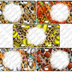 May include: Four sublimation designs featuring different sports: baseball, softball, basketball, and football. Each design has a white circle in the center for personalization. The designs are on a leopard print background with splashes of color.