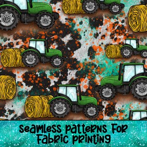 May include: A seamless pattern featuring green tractors pulling hay bales against a backdrop of colorful splatter paint. The pattern is ideal for fabric printing.