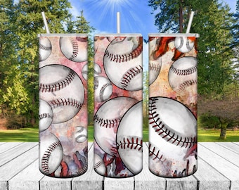 May include: Three stainless steel tumblers with a watercolor baseball design. The tumblers have a white background with red and brown baseballs.