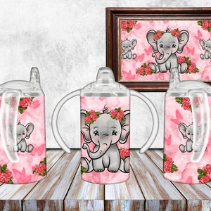 Baby Pink Elephant, Straight Sippy Cup Sublimation Design, Digital Sublimation Cup Template, Kids Tumbler Design PNG, Sippy Cup Wrap Design