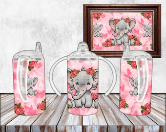 Elefante rosa bebé, diseño de sublimación para vaso con boquilla recto, plantilla de sublimación digital para vaso, diseño PNG para vaso infantil, diseño de envoltura para vaso con boquilla