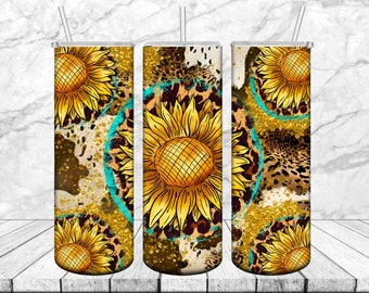 Sunflower Cowhide Leopard 20oz Skinny Tumbler, Western Sunflowers Tumbler Template, Turquoise Glitter Tumbler Design - PNG Download