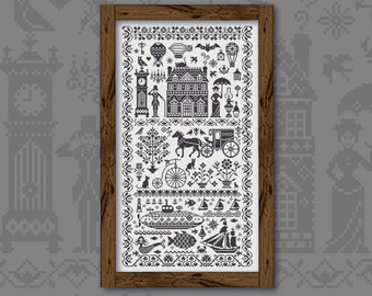 Digital Cross Stitch Pattern “Black Vintage Sampler” OwlForest