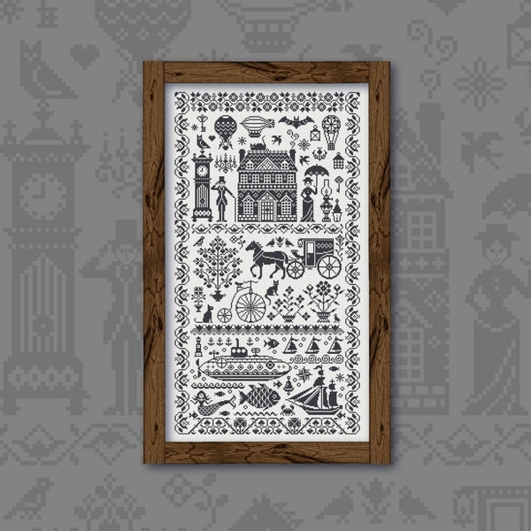 Digitales Kreuzstichmuster “Schwarzer Vintage-Sampler” OwlWald