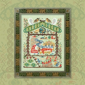 May include: A framed cross-stitch artwork with a detailed, colourful scene. The artwork depicts a whimsical interior with figures, animals, and various objects. The frame is wooden with decorative carvings. The background is a light green colour.