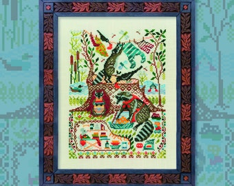 Digital Cross Stitch Pattern “Forest Houses. Racoons” OwlForest