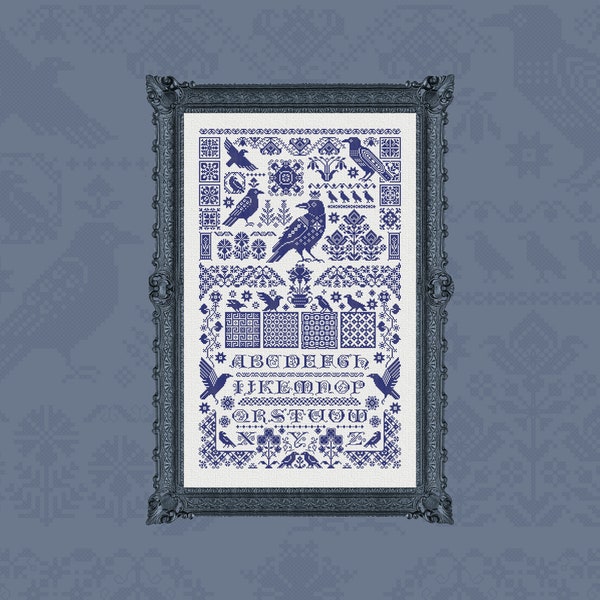 Digital Cross Stitch Pattern “Raven Sampler” Latin Letters  OwlForest