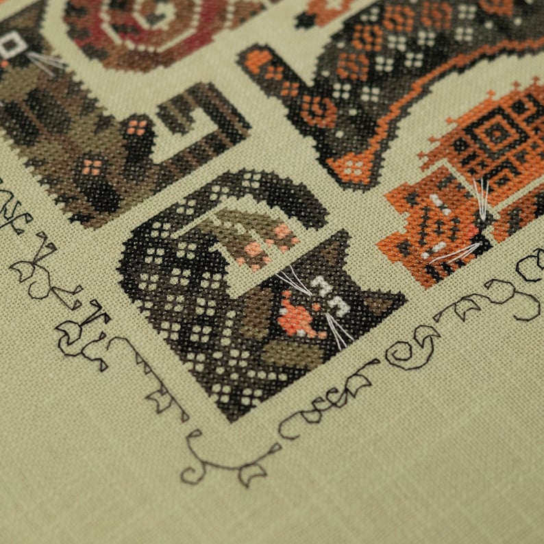 May include: Cross-stitch pattern featuring a group of cats with different colored fur and patterns. The text "These are my cats" is stitched below the cats.