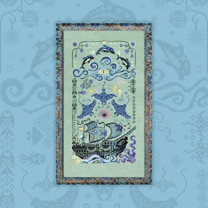 May include: Cross-stitch art featuring a detailed nautical scene. The design includes a ship, dolphins, stingrays, and other sea creatures in shades of blue, purple, and green. The artwork is framed with a decorative border.