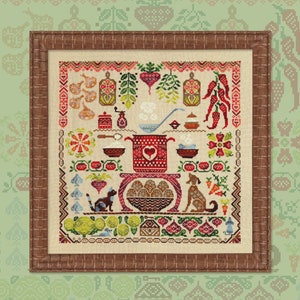 Peut inclure: Un motif de point de croix représentant une scène de cuisine avec une casserole rouge, des légumes, un chat, un chien et un panier de pain. Le motif est encadré dans un cadre en bois brun.