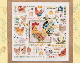 May include: A colorful cross-stitch pattern featuring a rooster, hens, chicks, and other farm animals. The design is framed in a wooden frame and includes a variety of floral and geometric elements.