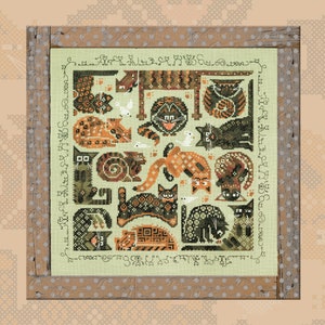 May include: A cross-stitch pattern featuring a variety of cats in different poses and colors, all within a square frame. The cats are depicted in a whimsical style with a variety of patterns and textures.