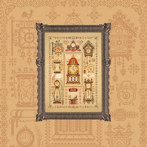 Puede incluir: Un diseño de punto de cruz enmarcado que presenta una variedad de relojes y cronómetros, incluyendo un reloj de pie, un reloj de cuco y un reloj de arena. El diseño es de estilo vintage con un marco marrón y un fondo crema.