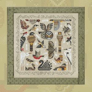 May include: A cross-stitch pattern featuring a variety of birds in a geometric style. The birds are depicted in a variety of colours, including black, white, brown, red, and blue. The pattern is set against a white background.