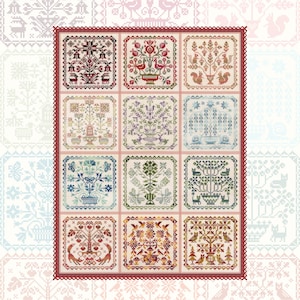 May include: A set of 12 cross-stitch patterns featuring various floral designs with birds, squirrels, and other animals. The patterns are arranged in a grid with a red border.