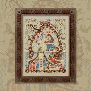 Puede incluir: Un bordado de punto de cruz enmarcado en un marco de madera oscura. El diseño presenta una escena de bosque caprichosa con un oso sentado en una mesa, un pájaro en un nido y varios otros animales y objetos. El bordado está hecho en una variedad de colores, incluyendo marrón, verde, azul y rojo.