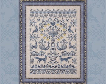 May include: A framed cross-stitch embroidery featuring a blue and yellow floral design with birds and foxes. The design is on a white linen background.