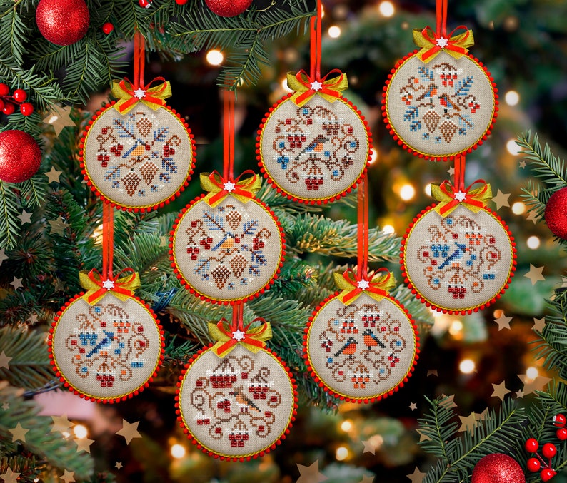 Digital Cross Stitch Ornaments Patterns Winter Birds OwlForest image 1