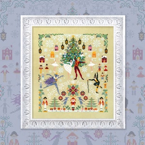 May include: A cross-stitch pattern featuring a Christmas tree, dancers, and nutcracker characters. The pattern is framed in a white frame with ornate detailing. The background is a light yellow color with snowflakes and other festive details.