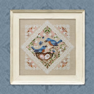 Digital Cross Stitch Pattern “Lace Framed Birds. Bluebirds” OwlForest