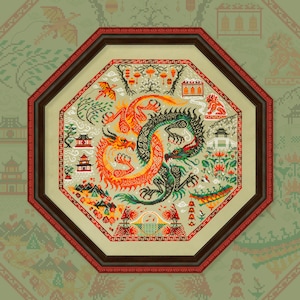 May include: An octagonal framed cross-stitch embroidery featuring two dragons entwined in a circle. The dragons are red, orange, and green, and the background is cream with a floral design. The frame is dark brown with a red border.
