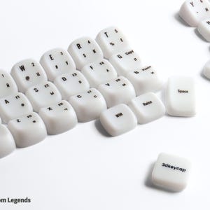 Könnte beinhalten: Weiße, individuelle Tastenkappen mit schwarzer Beschriftung, einschließlich Tasten mit der Aufschrift "Tab", "Ctrl", "Shift", "Space" und "Enter". Der Text "Fully Custom Legends" steht unten. Ein einzigartiges Set für Keyboard-Enthusiasten.