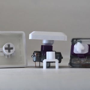 Könnte beinhalten: Drei mechanische Tastaturkomponenten werden gezeigt. Links eine weiße Tastenkappe mit kreuzförmigem Schaft. In der Mitte ein zerlegter Schalter mit weißer Oberseite und lila Basis. Rechts ein transparenter Schalter mit weißer und lila Komponente.