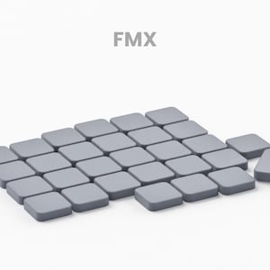 Puede incluir: Colección de objetos grises de forma cuadrada, dispuestos en un patrón de cuadrícula. Los objetos tienen esquinas redondeadas y están espaciados uniformemente. El texto "FMX" está en la parte superior y "*Render" en la inferior.