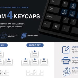 May include: Image promoting custom keycaps. The text reads "Design Your Own. Make It Unique. Custom 4 Keycaps." It shows a keyboard with custom keycaps and diagrams for uploading designs. Includes WASD and arrow key sets.