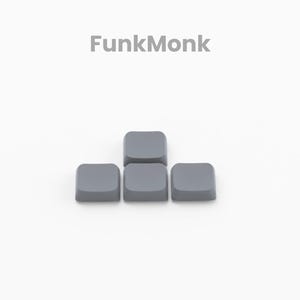 May include: Four gray square keycaps arranged in a pyramid shape, with the word "FunkMonk" above them. The keycaps are a solid, matte gray color and are set against a white background. The word "Render" is at the bottom.