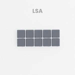 May include: A top-down view of ten gray square tiles arranged in two rows of five, against a white background. The text "LSA" is above the tiles, and "*Render" is below.