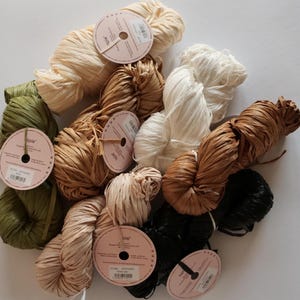 Può includere: Una collezione di rocchetti di nastro di rafia in vari colori, tra cui crema, verde oliva, marrone chiaro, marrone e nero. Ogni rocchetto ha un'etichetta circolare attaccata. La rafia è avvolta strettamente, creando un aspetto strutturato. Ideale per l'artigianato e l'incarto regali.