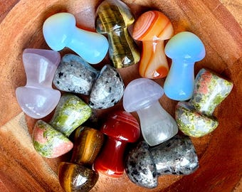 Crystal Mushroom Carving, Carnelian, Unakite, Tigers Eye, Fluorite, Opalite, Amethyst, Emberlite
