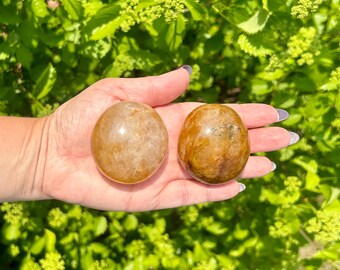 May include: Two polished, oval-shaped stones in shades of amber and brown are held in a hand. The stones have a smooth, glossy surface and varying patterns. The background is a blur of green foliage.