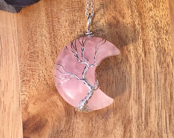 Rose quartz moon necklace, Moon necklace, Crystal necklace, Rose quartz necklace, Celestial necklace, Witch necklace