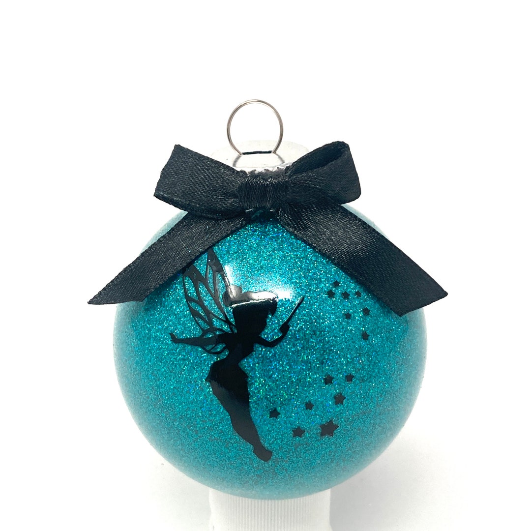 Christmas Teal Blue Round Glass Glitter Tinker Bell W Fairy Dust