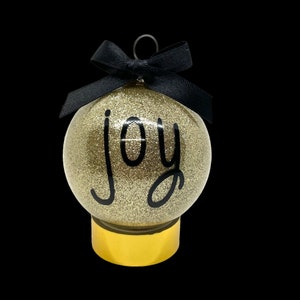 Christmas Round Glass Holiday Gold Glitter Joy Ornament W Ribbon