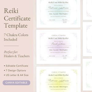 Puede incluir: Una plantilla de certificado de Reiki con el texto "Reiki Certificate Template" y "7 Chakra Colors Included". Los certificados son blancos con bordes decorativos y campos de texto para el nombre y la fecha del destinatario. El texto "CANVA EDITABLE" también es visible.