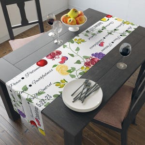 Table Runner: Fruits of the Spirit Design, Christmas Fall Holiday Decor, Kitchen Dining Linens, Cotton or Polyester, Gift for Hostess,
