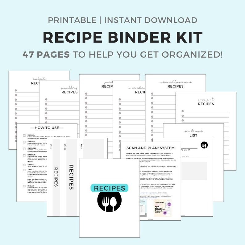 RECIPE BINDER Kit, Recipe Card, Printable, Instant Download of 47 pages image 1