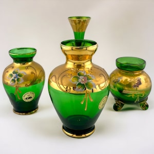 Vintage set of 4 Hand Painted Emerald Green and 18K Gold Murano Glass Vases Tre Fuochi