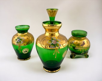 オリジナルのベネチアン ムラーノ トレ フオッキ花瓶。エメラルド