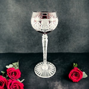 Antique Deep Cut Ruby Red To Clear Crystal Wine Glass Hock, Air Twist Stem, Pineapple Design
