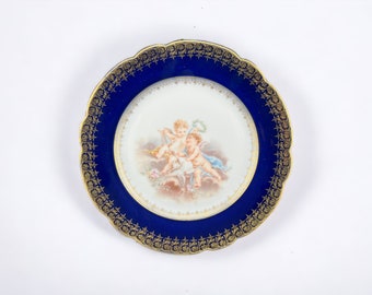 Antique Limoges Delinieres & Cie - Hand Painted Cobalt Blue and Gold Trim Plate, Cherubs / Angels Playing a Harp