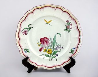 Beautiful Hand Painted Antique French China, Opaque Luneville Dinner Plate | Bug, Dragonfly - 9.25"